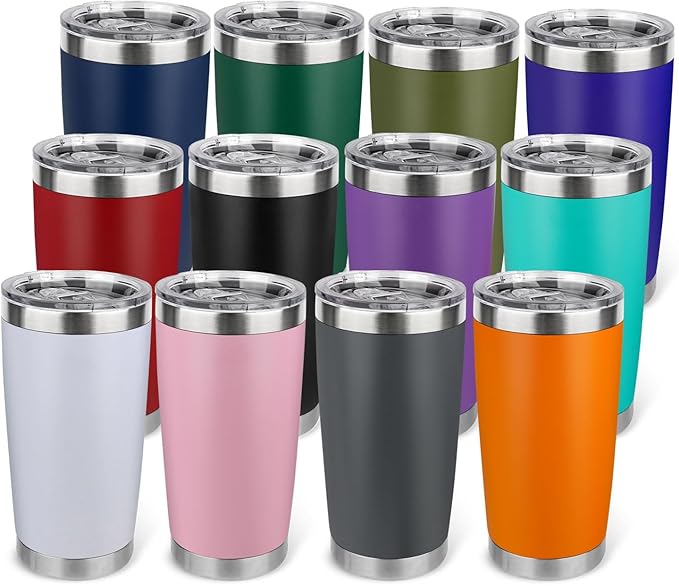 20oz Stainless Steel Tumbler Bulk with Lid, Travel Mug - Double Wall Vacuum Powder Coated Cup - Mix, 12 Pack