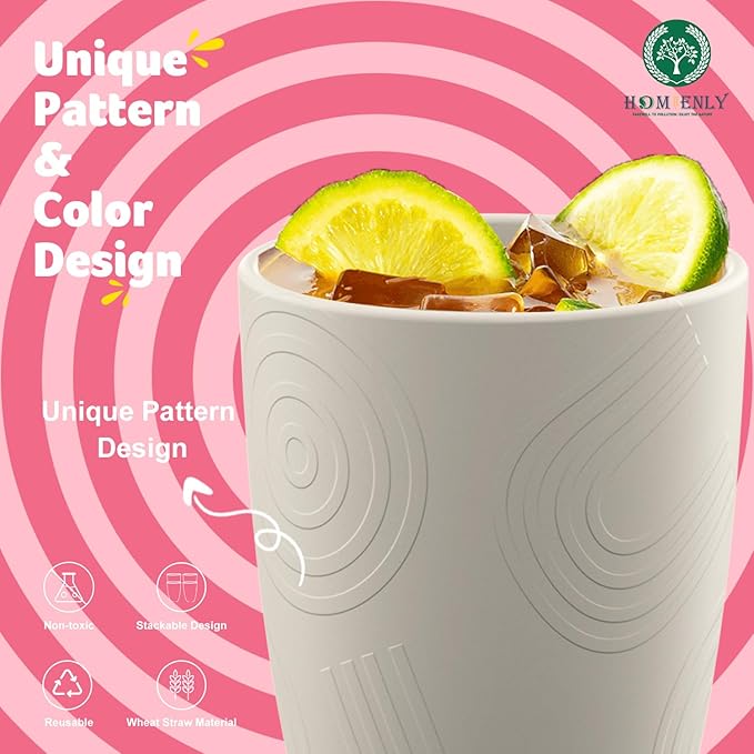 Homienly Wheat Straw Cups 8 PCS Plastic Cups Unbreakable Drinking Cup Reusable Dishwasher Safe Water Glasses with Beige Colors (12 OZ)