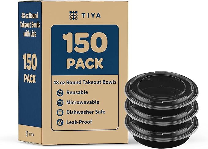 TIYA Food Containers – 48 oz Bulk 150 Pack with Lids – Plastic Food Storage To-Go Round Bowls – Reusable, Microwavable, Dishwasher Safe – Leak-Proof and Great for Meal Prep - BPA-Free