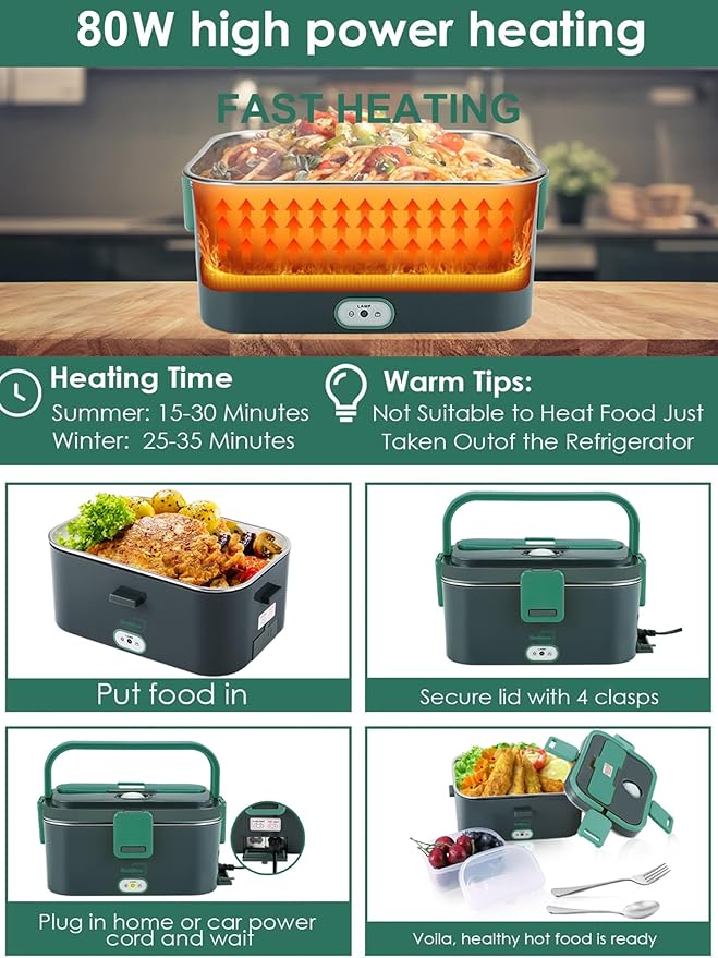 Buddew Electric Lunch Box for Adults, 80W Heated Lunch Box 1.8L Stainless Steel Portable Food Warmer,12/24/110V Lonchera Electrica Portatil for Travel & Work, Loncheras para Hombres de Trabajo