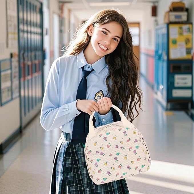 BTOOP Lunch Box for Women Men Cute Corduroy Lunch Bags Large Capacity Insulated Lunch Tote Bag For Work Travel Or Picnic (Mix Color flower)