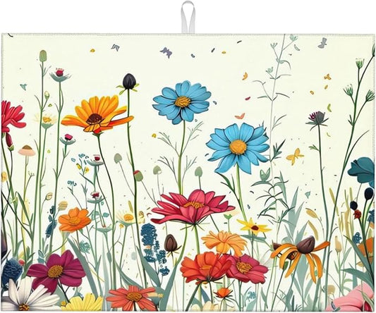 Butterfly Flowers Dish Drying Mat 18x24 Inch, Microfiber Absorbent Fast Dry Mat Daisy Floral Large Dish Mat Drying Kitchen Mat, Kitchen Drying Pad for Kitchen Counter Coffee Bar Decor Gifts