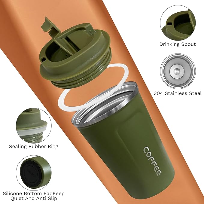 Travel coffee mugs leak-proof, reusable coffee cups with lids, stainless steel vacuum thermos coffee tumblers,thermal insulation cups for men and women hot & cold drinks(2nd-Green, 17OZ)