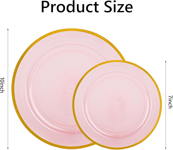 120PCS Pink Plastic Plates with Gold Rim, Heavy Duty Disposable Plate, Fancy and Elegant Circular Ribbed 60 Dinner and Dessert Plates for Party, Weddings