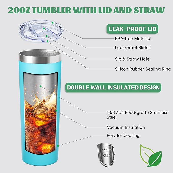 20 oz Skinny Tumbler with Lid and Straw,Stainless Steel Vacuum Insulated Tumbler Cup Double Wall Leak-proof Coffee Mug,Travel Thermal Water Tumbler for Home,Office,Outdoor (Baby blue,1)