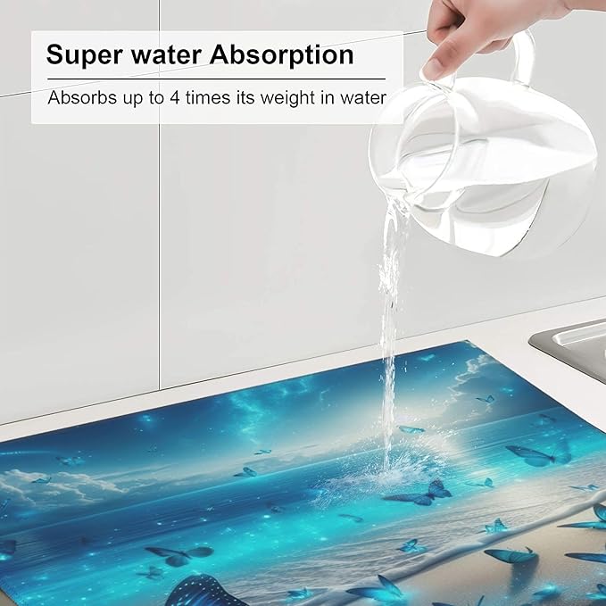 Blue Butterfly Beach Dish Drying Mat 16x18 Inch, Microfiber Absorbent Fast Dry Mat Large Dish Mat Drying Kitchen Mat, Kitchen Drying Pad for Kitchen Counter Coffee Bar Decor Gifts