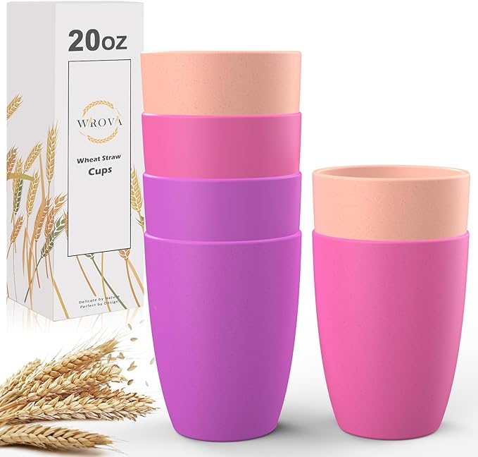 Wrova unbreakable wheat straw cups 20oz set of 6 with textured pattern anti slipping,big plastic drinkings cups microwave safe and dishwahser safe