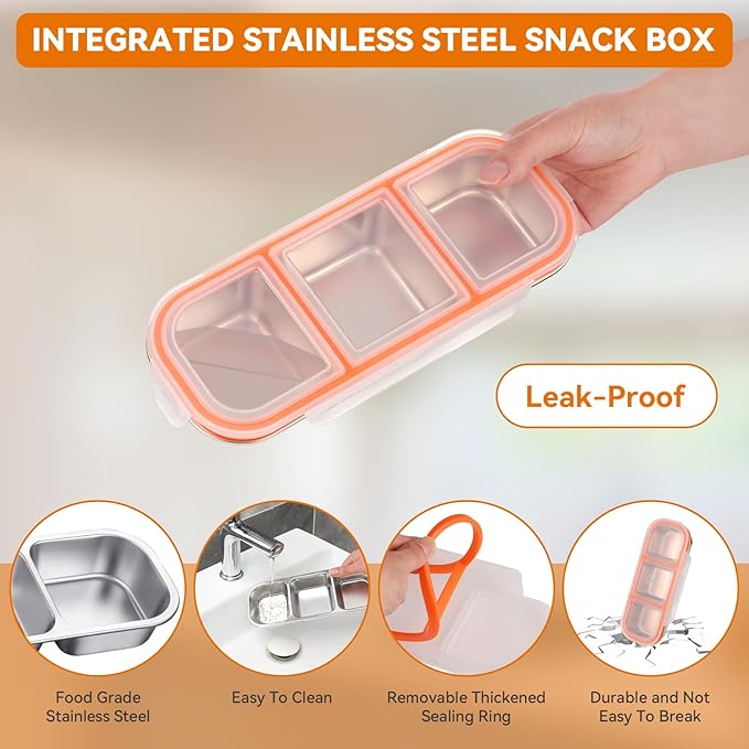 Stainless Steel Snack Containers with Lids & Spork, Reusable 3 Compartment Condiment Boxes, Divided Grab Food Storage Containers, Sauce Cups for Home, Travel (3 Compartment)