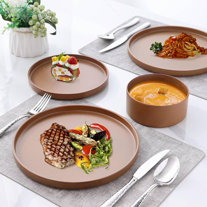 LERATIO Ceramic Dinnerware Sets for 4, High Edge Stoneware Plates and Bowls Set, Chip and Crack Resistant | Oven & Dishwasher & Microwave Safe Dishes Set, Service for 4 -Caramel