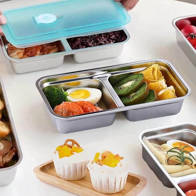 Stainless Steel Snack Containers, 2 PCS Grab and Go Double Compartment Container, Reusable Snack Containers with Lids for Outdoor Camping Food Storage