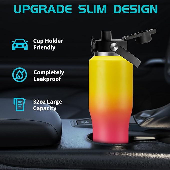 32OZ Insulated Water Bottle with Straw - Stainless Steel Water Bottle w/Carrier Pouch with Strap & Boot, Wide-Mouth Vacuum Insulated Bottle Fit in Car Bike Cup Holder