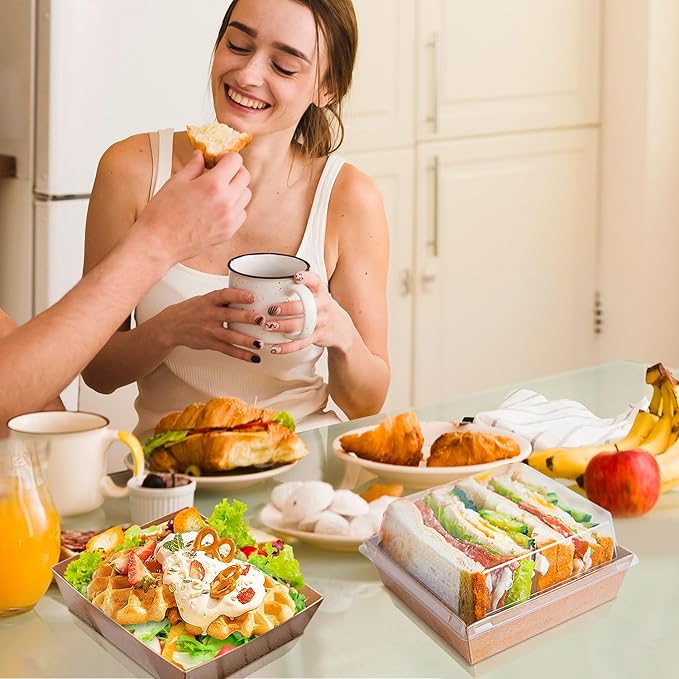 100 Pack Small Paper Charcuterie Boxes with Clear Lids, Square Disposable Food Containers with Lids for Desserts, Sandwich, Sushi, Cake Slice and Strawberries