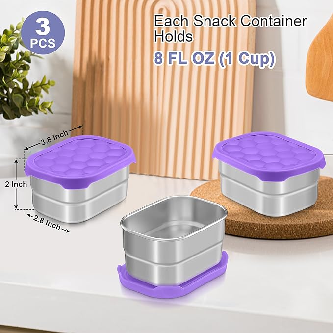 TeamFar 3 PCS Stainless Steel Snack Containers for Kids, 8oz /230ml Food Container with Easy Open Leakproof Silicone Lid, Metal Small Toddler Lunch Box for Daycare School, Healthy & Portable, Purple