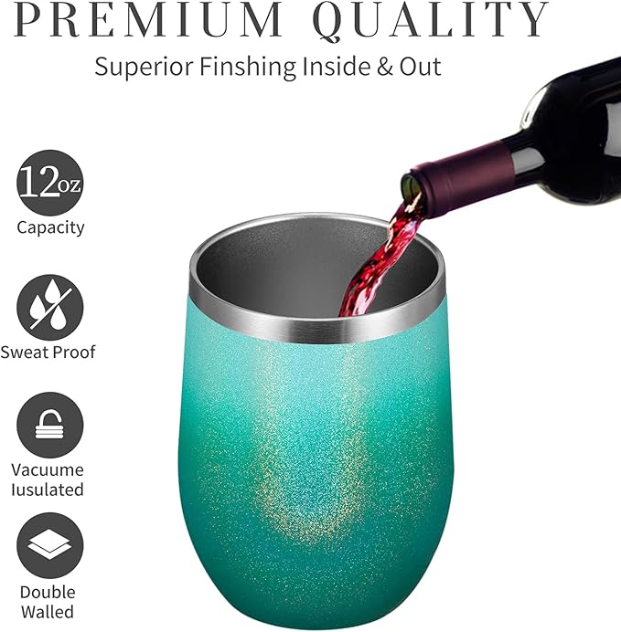 MEWAY 12oz/4 Pack Wine Tumbler Glasses with Lid - Stemless Double Wall Vacuum Stainless Steel Glitter Tumbler - Keeping Cold & Hot Cup for Coffee,for Women(Gradient Blue,Set of 4)