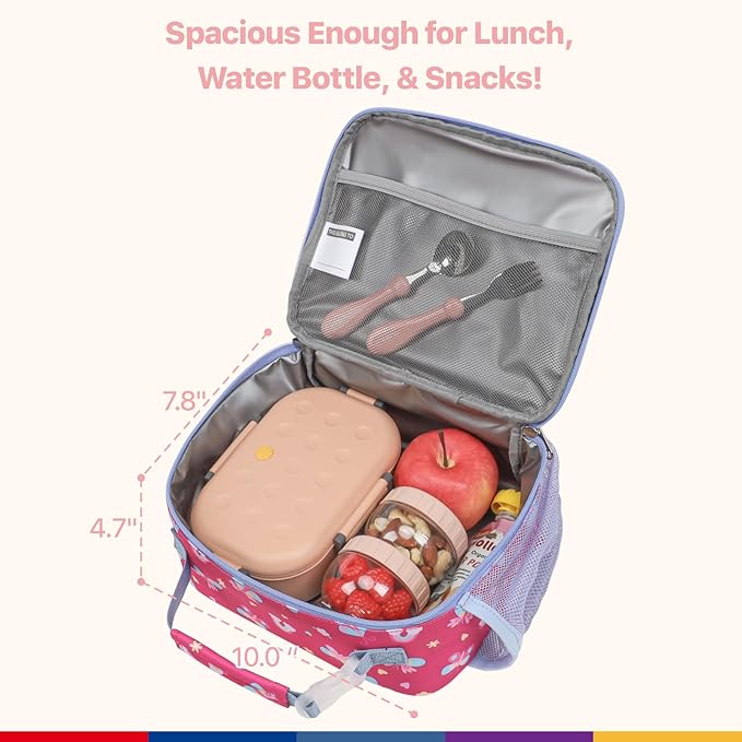 Bagseri Kids Lunch Bag for Girls - Insulated Kids Lunch Box for Daycare and School Reusable Meal Tote Bag with Water Bottle Holder, Easy-Clean Water-Resistant Fabric, Rose Pink Butterfly