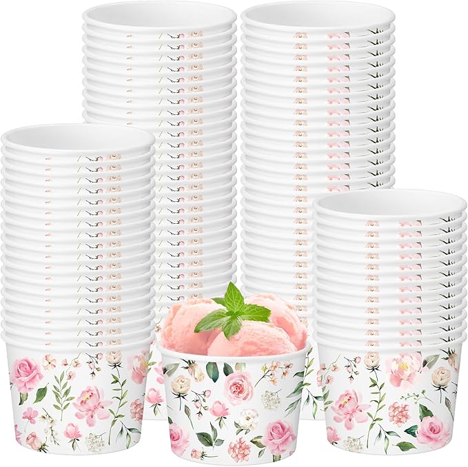 50 Pack Pink Floral Treat Snack Cups Floral Paper Ice Cream Cups 9 oz Rose Flower Disposable Dessert Bowls Paper Soup Bowls for Hot or Cold Food Wedding Baby Shower Birthday Party Supplies