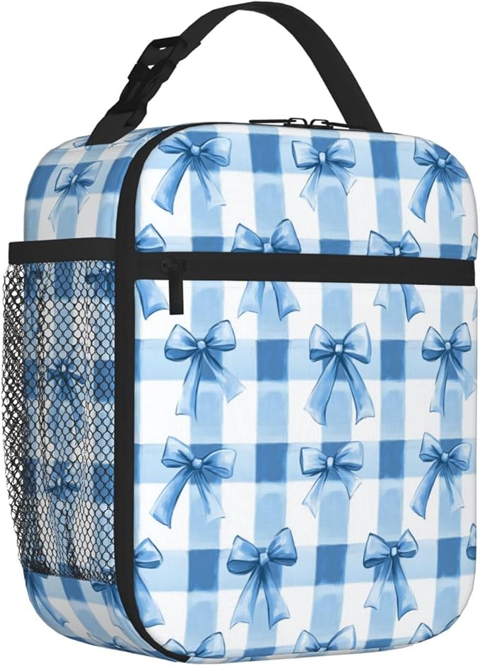 SUPLUCHOM Lunch Bag Blue Bows Check Insulated Bento Box Cooler with Side Pocket for Girl Boy Women Men Work School Picnic Hiking Daytrip
