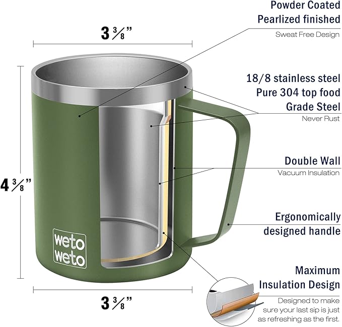 WETOWETO 14 oz Coffee Mug, Vacuum Insulated Camping Mug with Lid, Double Wall Stainless Steel Travel Tumbler Cup, Coffee Mugs Outdoor, Navy Blue & Olive Green 2 Packs
