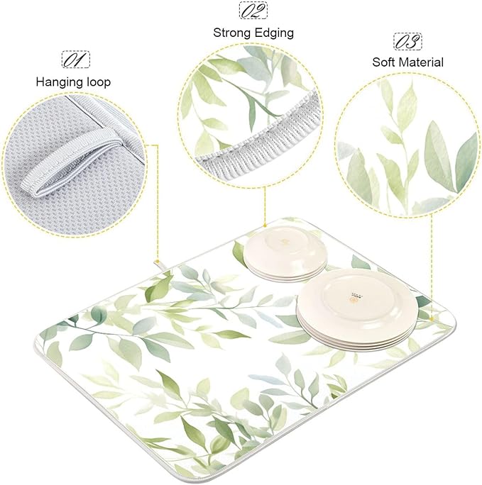 Sage Green Leaves Dish Drying Mat for Kitchen Counter Super Absorbent Dishes Pad Reversible Microfiber Protector Dish Draining Mats 16x18 inch