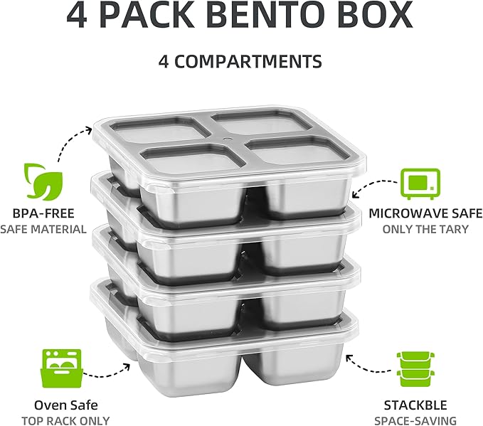 4 Pack Stainless Steel Snack Containers with Lids 4 Compartment Lunch Box for Adults & Kids Meal Prep Bento Box Containers Reusable