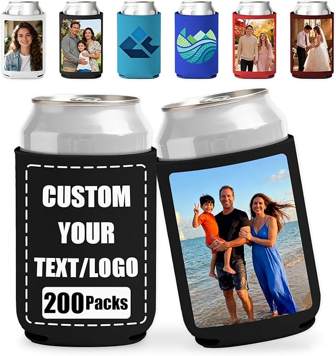 200 Pack Custom Can Coolers - Bulk Personalized Neoprene Beer Sleeves with Logo Text Photo Insulated Drink Holders for Weddings Parties Events