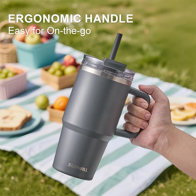 SUNWILL Coffee Tumbler with Handle, 20 oz Travel Mug with Lid and Straw Insulated, Stainless Steel Cup Leak Proof for Travel & Outdoor, Cupholder Friendly, Powder Coated Charcoal