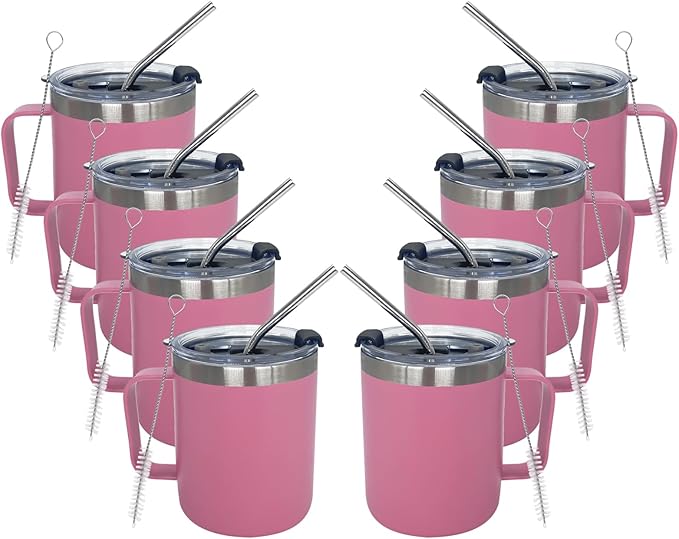 8pack 12oz Coffee Mug With Handle Bulk, Stainless Steel Insulated Travel Tumblers With,Double Wall Vacuum Camping Cup for Hot & Cold Drinks Tea (pink)
