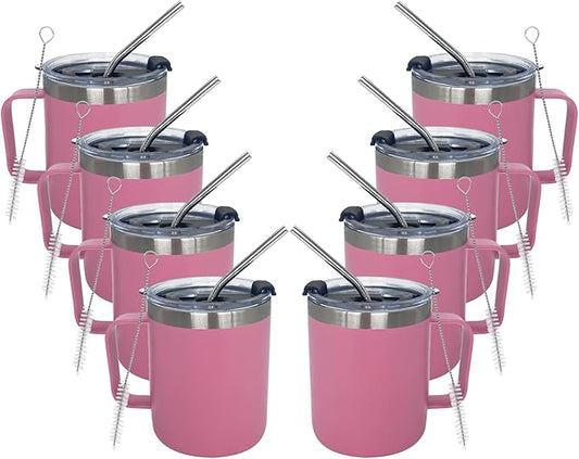 8pack 12oz Coffee Mug With Handle Bulk, Stainless Steel Insulated Travel Tumblers With,Double Wall Vacuum Camping Cup for Hot & Cold Drinks Tea (pink)