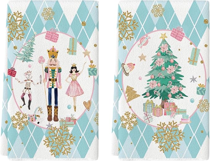 Artoid Mode Blue Nutcrackers Tree Christmas Kitchen Towels Dish Towels, 18x26 Inch Gift Box Snowflake Winter Decoration Hand Towels Set of 2