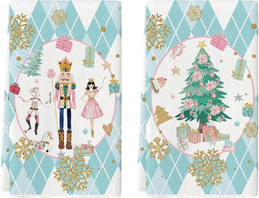 Artoid Mode Blue Nutcrackers Tree Christmas Kitchen Towels Dish Towels, 18x26 Inch Gift Box Snowflake Winter Decoration Hand Towels Set of 2