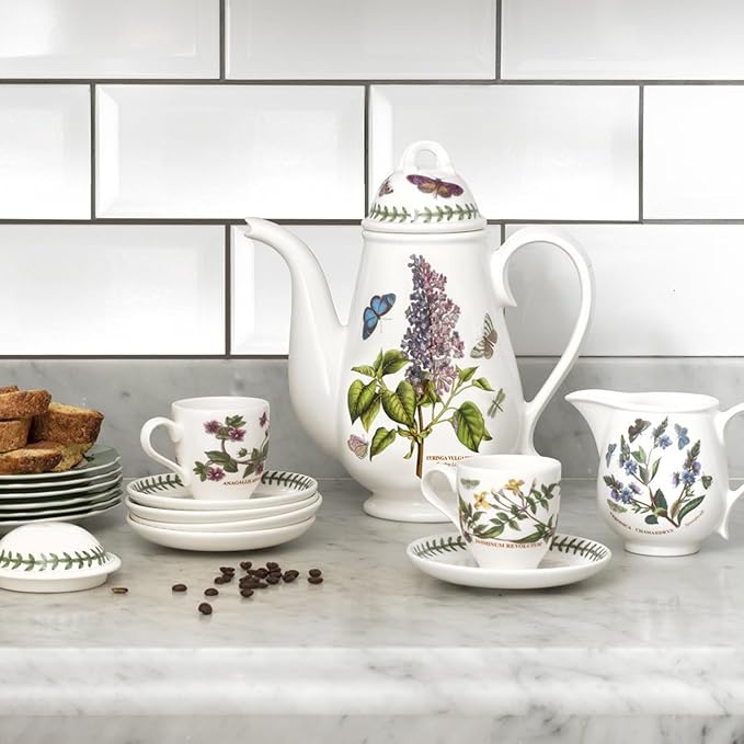Portmeirion Botanic Garden 10oz Teacup and Saucer - Set of 6 | Assorted Floral Motifs | Fine Earthenware | Chip Resistant Glaze | Dishwasher, Microwave, Freezer, Oven Safe | Made in England