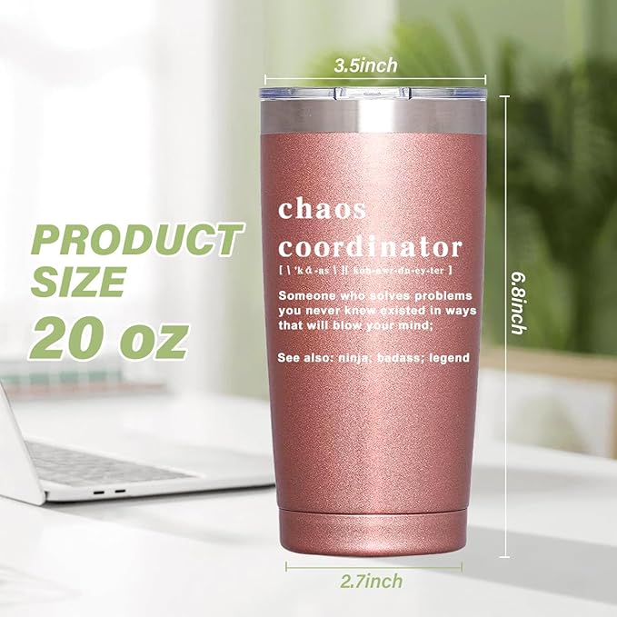 Chaos Coordinator Tumbler Cup - Administrative Professional Day Gifts - Teacher Appreciation,Christmas Birthday Gifts for Women,Boss lady,Coworker,Thank You for Women,20 oz Rose Gold Mug