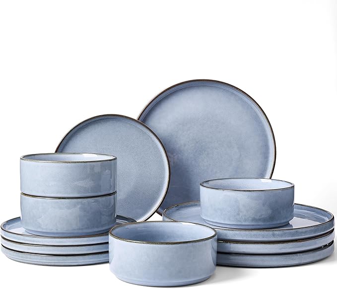 Famiware Annecy Plates and Bowls Sets, 12 Pieces Dinnerware Sets, Microwave and Dishwasher Safe Dishes Set for 4, Chip and Scratch Resistant, Reactive Blue