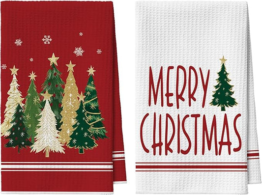 Artoid Mode Red Star Xmas Tree Merry Christmas Bar Kitchen Towels, 12x24 Inch Quick Dry Microfiber Cloth Dish Towels for Kitchen Drying Set of 2
