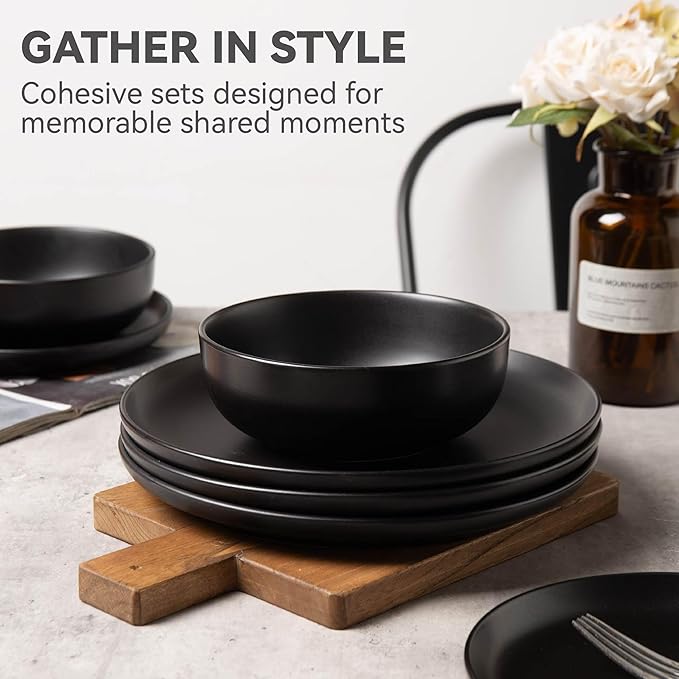 12-Piece Matte Black Dinnerware Set,Stoneware Dinnerware for 3, Microwave & Dishwasher Safe, Stackable Design for Kitchen and Dining - Plates,Bowls and Mugs