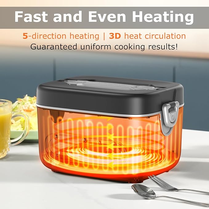 1.2L Cordless Electric Lunch Box – 20000mAh Rechargeable Portable Food Warmer with 5-Sided Heating, Auto Temperature Control, Leakproof & BPA-Free – Perfect for Office, Truck, Outdoors Black