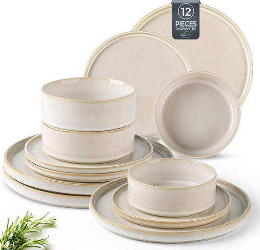 AmorArc Ceramic Dinnerware Sets, Handmade Reactive Glaze Stoneware Plates and Bowls Sets,Highly Chip and Crack Resistant | Dishwasher & Microwave Safe Dishes Set, Service for 4 (12pc)