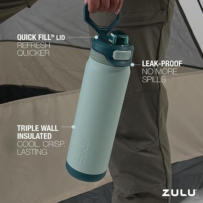 ZULU Powerfill Pro 32oz Stainless Steel Water Bottle with Quick Fill Lid, Triple Walled Vacuum Insulated Metal, Leak Proof Locking Lid, Sip and Chug, Reusable BPA Free, Evergreen