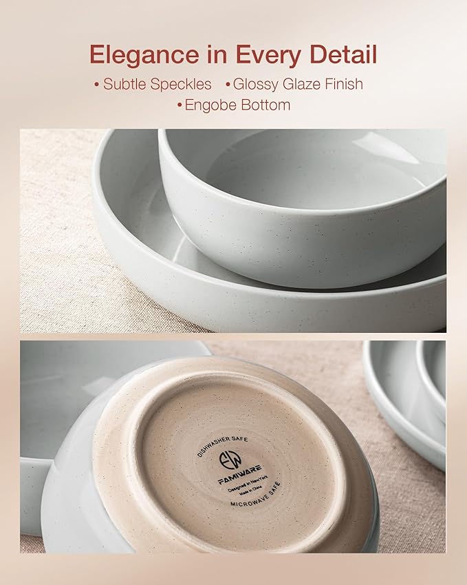 Famiware Milkyway Dinnerware Set with Mugs, Service for 4 (16pcs), Ribbed Stoneware Plates and Bowls Dishes Sets - Chip & Scratch Resistant, Microwave & Dishwasher Safe, Light Gray