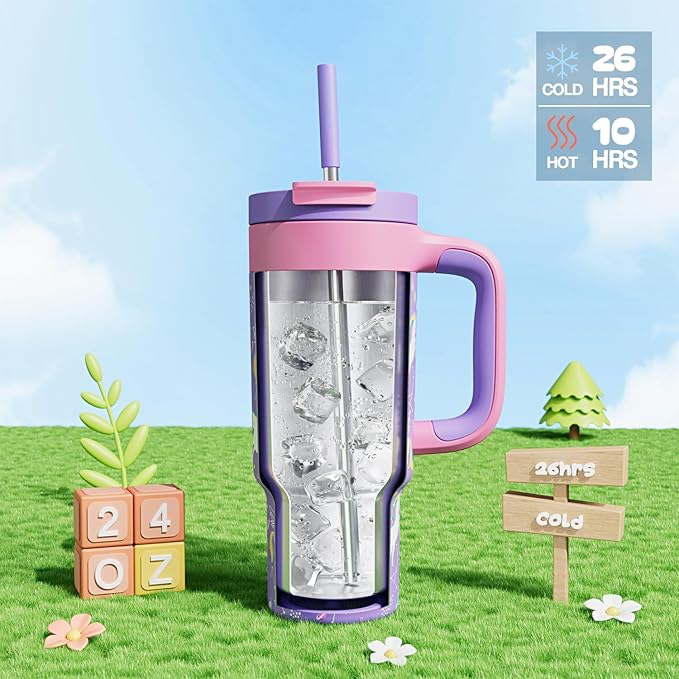 24 oz Kids Tumbler with Handle: Leakproof, Stainless Steel Cup with Straw Lid, BPA-Free, Insulated Water Bottle for School, Travel, Gift, Daycare, Home, Picnic, Outdoor Activities (Starlight Unicorn)
