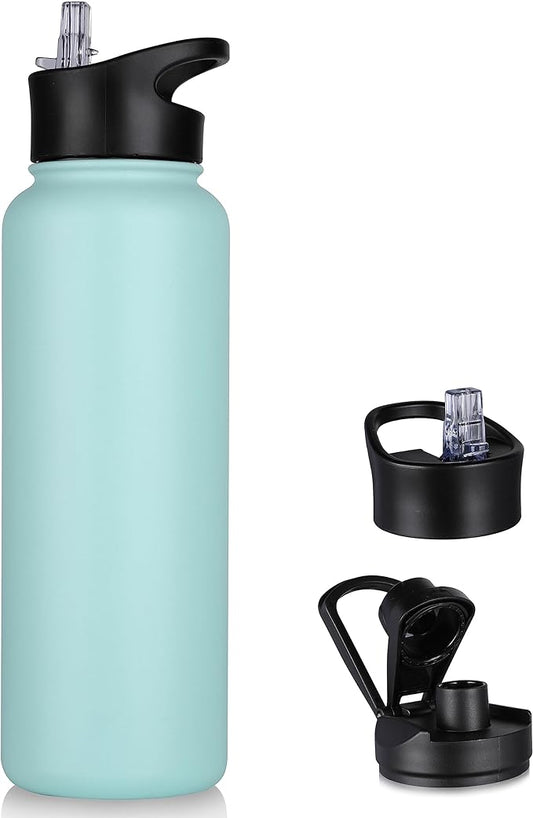 40 oz Insulated Water Bottle with Straw, Stainless Steel Sports Water Bottles with 2 Lids (Straw and Wide Mouth lid), Double Wall Vacuum, Leakproof, BPA-Free, Turquoise Blue