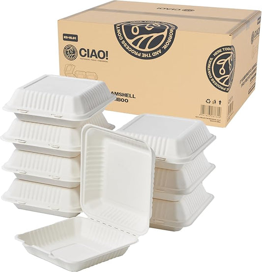 CIAO! 9"x9"x3" Clamshell 1 Compartment 100% Compostable Ecofriendly PFAS Free Unbleached Bagasse Natural White (200/case)