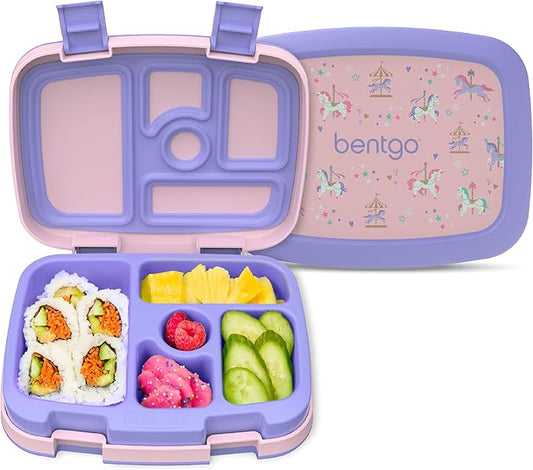 Bentgo Kids Prints Leak-Proof, 5-Compartment Bento-Style Kids Lunch Box - Ideal Portion Sizes for Ages 3-7, Durable, Drop-Proof, Dishwasher Safe, & PFAS & BPA-Free Materials (Carousel Unicorns)