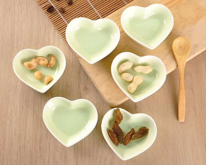 WHJY Green Love Heart Shaped Ceramic Side Dish Bowl, Contemporary Porcelain Side Dishes Bowl, Seasoning Dishes Soy Dipping Sauce Dishes for Wedding Birthday Party- Set of 6