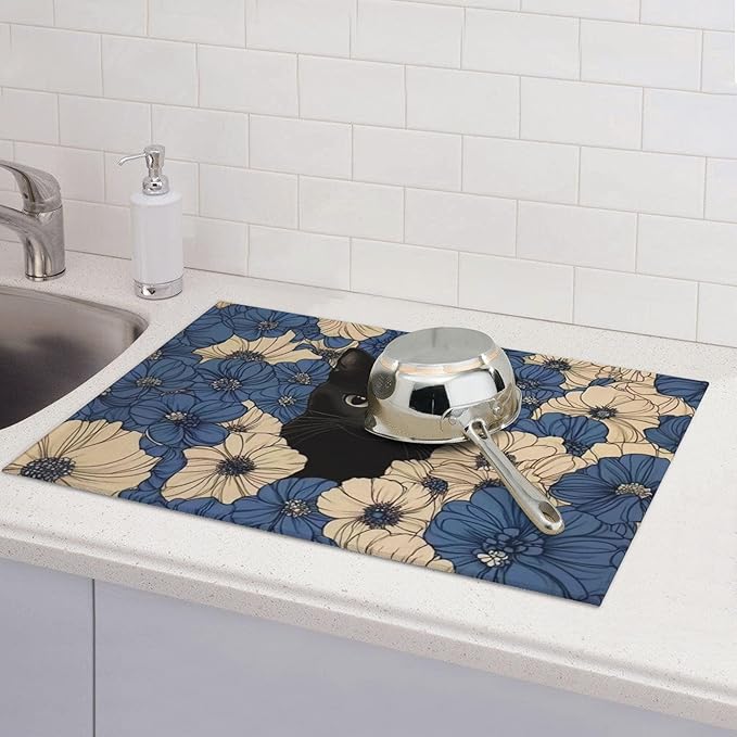 Black Cat Dish Drying Mat for Kitchen Counter Microfiber Super Absorbent Non-Slip Dish Drying Pad for Countertops Dishes Utensils Stylish Quick-Dry Machine Washable 18x24 Inch