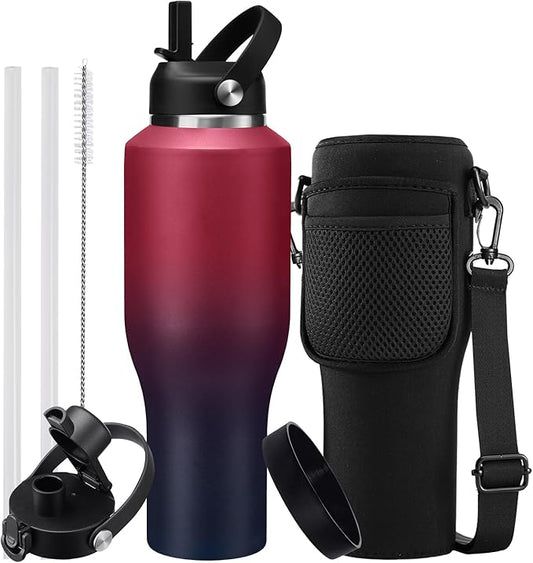 40 oz Insulated Water Bottle with Straw and Spout Lid, Stainless Steel Water Bottle Fits in Cup Holders, Double Wall Metal Flask Large Water Cup for Drive Trip Gym