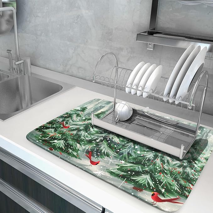 Winter Pine Tree Dish Drying Mat Red Bird Berry Dishes Drainer Mats Absorbent Microfiber Kitchen Counter Protector Drying Mats 18x24 Inch