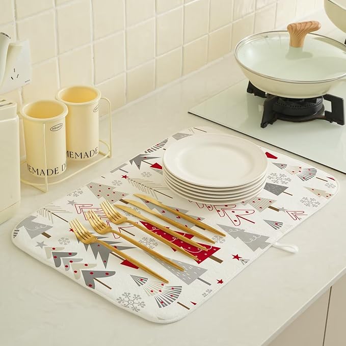 Christmas Decor Dish Drying Mat 18 x 24 inch Geometric Colorful Christmas Tree Pine Trees Decorative Drying Mats Microfiber Absorbent Dish Washable Draining Mat for Kitchen Counter