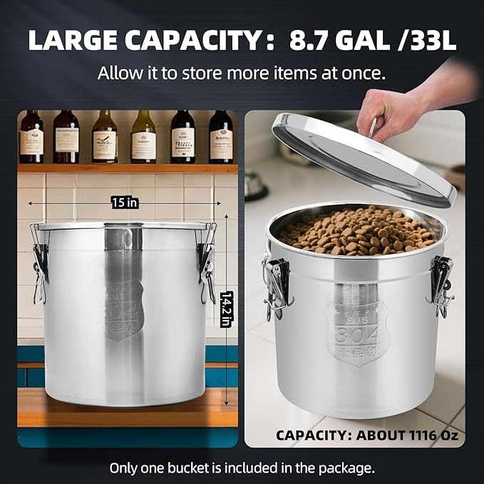 33L/8.7 Gal 304 Stainless Steel Containers with Lids 1116 Oz Airtight Containers with Lids and Lock Hole 304 Stainless Steel Container with Lid for Storage 304 Airtight Stainless Bucket