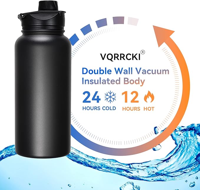 32 oz Insulated Water Bottle with Straw Lid & Wide Mouth Lids, Stainless Steel Sports Water Bottles, Double Walled Vacuum, Leak Proof, Black